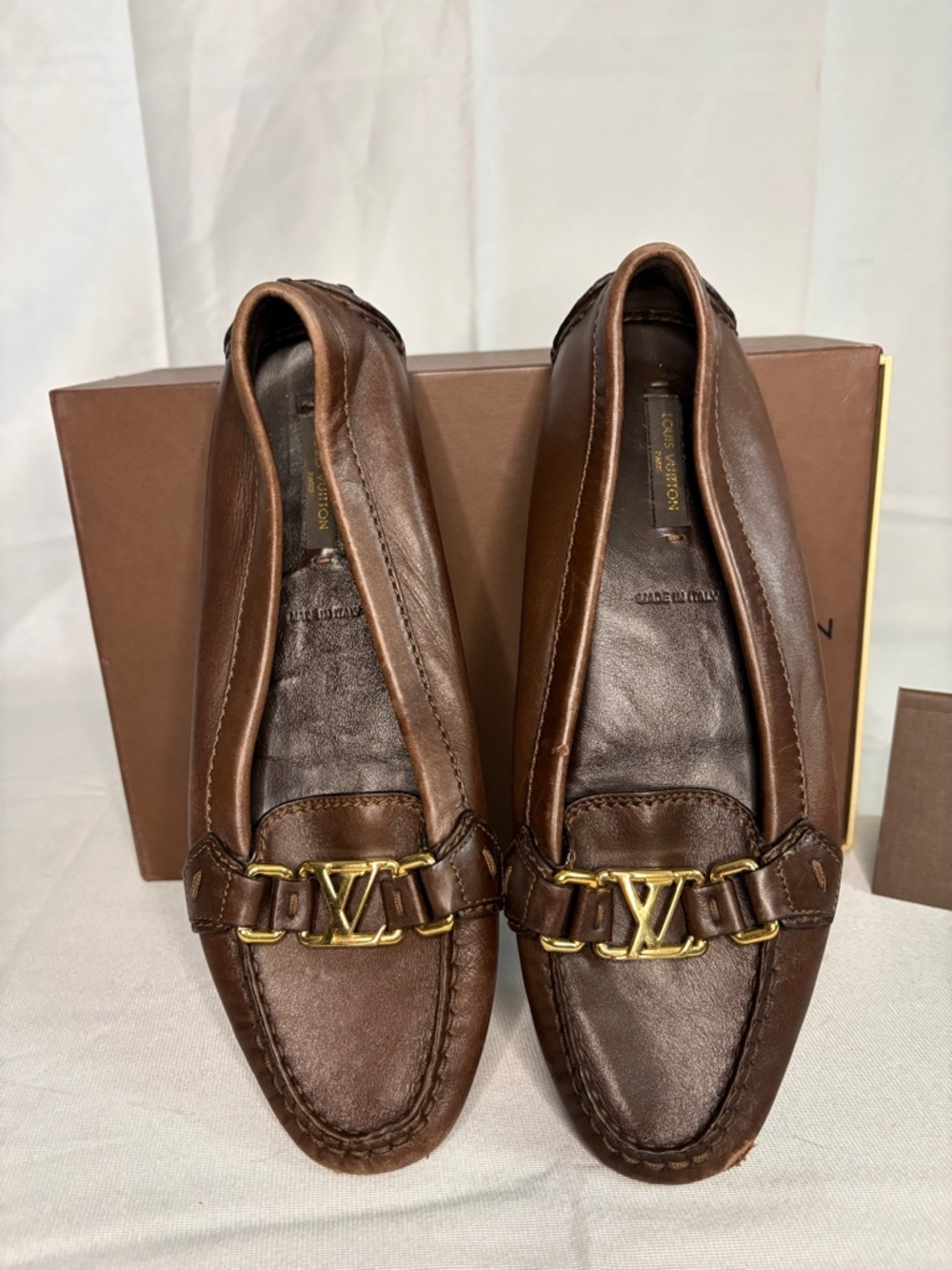 Louis Vuitton Brown Leather LV Logo Driving Loafers Flats Size 38